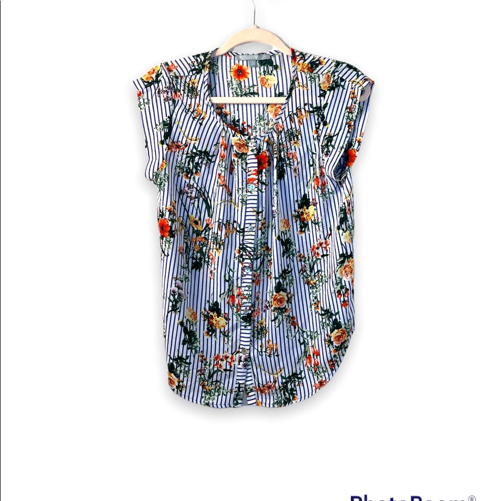 Blue and White Striped Floral Blouse